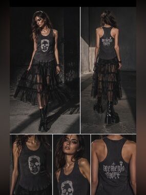 Hand Crafted Black Skull Tank Top with Layered Tulle Skirt